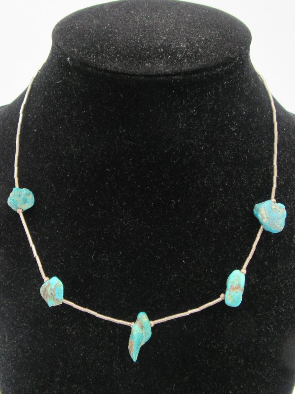 Vtg Natural Nugget Turquoise Liquid Silver Necklace 15" length Native American